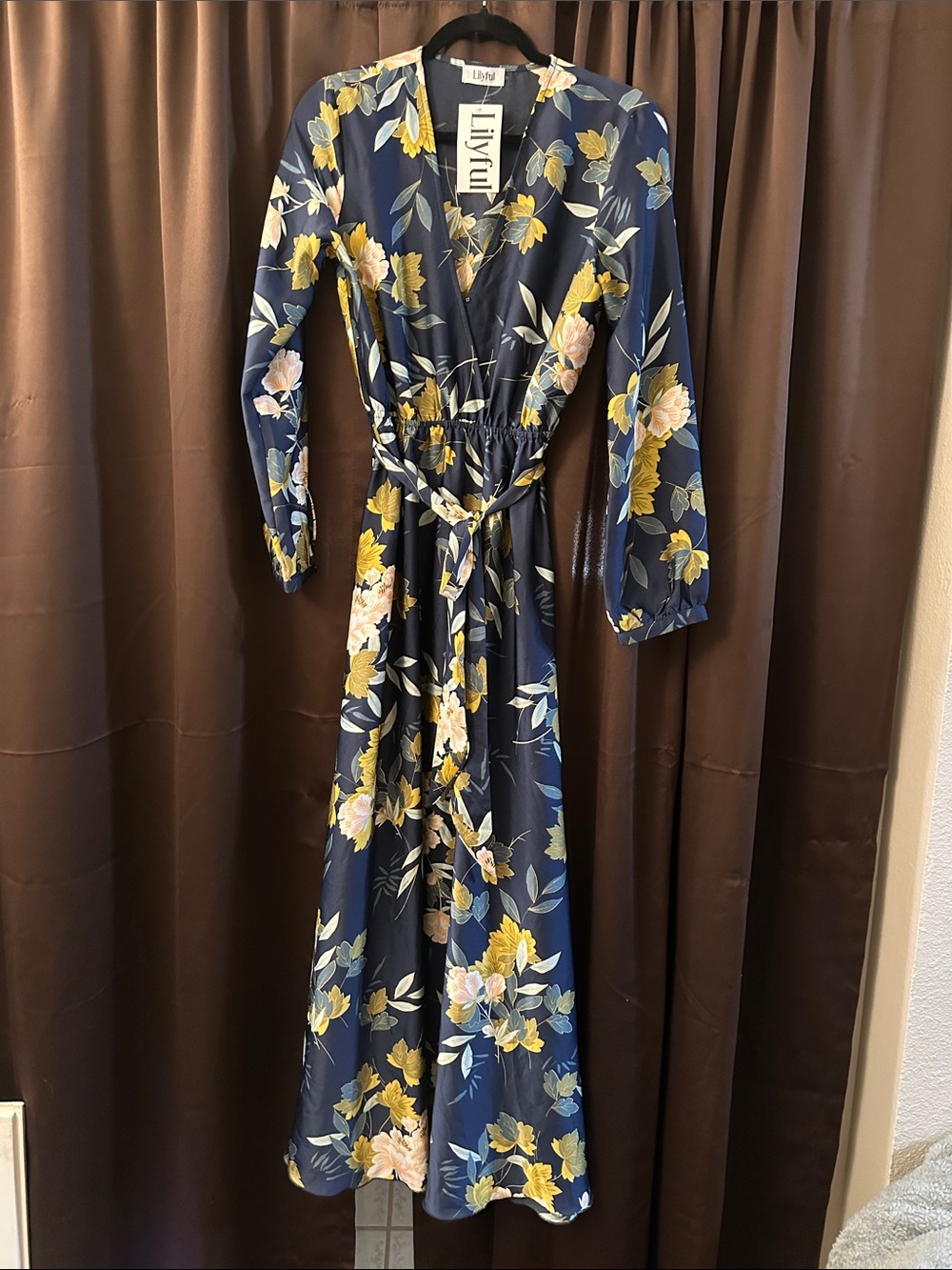 Lily Navy Floral Maxi Wrap Dress with Yellow and Blush Blooms